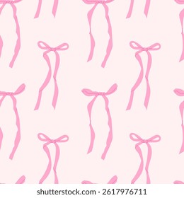 Colorful pink ribbons create a cheerful pattern on a soft pastel background