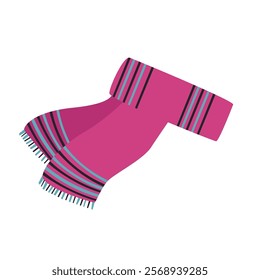 Colorful pink scarf with striped patterns hanging elegantly against a plain background in a cozy indoor setting. Vector. Flat style.