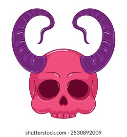 Colorful pink skull with large purple horns, vibrant spooky design, Vector