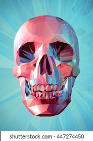 Colorful pink skull in low poly style on graphic turquoise background