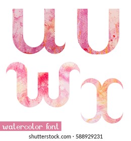 Colorful pink spring handmade watercolor paint alphabet letters U,V,W,X - vector Illustration