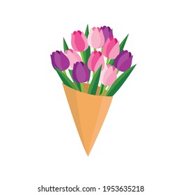 Colorful pink tulips bouquet on isolated white background. Beautiful bunch of spring flowers with long leaves inside bouquet. Vector illustration flat style