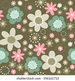colorful pink turquoise beige brown little flowers romantic botanical seamless pattern on dark background