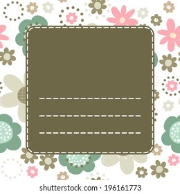 colorful pink turquoise beige brown little flowers romantic botanical seamless pattern on white background with dark sewed retro frame with place for your text