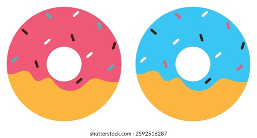 Colorful pink, turquoise glazed donut set on white background. The view from the top and from the side. Vector illustration.
