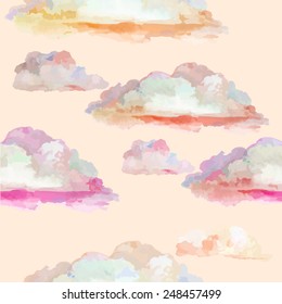 Colorful Pink Watercolor Clouds. Seamless Background. Vector 