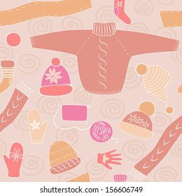 Colorful pink winter knitwear seamless pattern, vector
