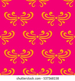 Colorful pink and yellow abstract damask seamless pattern of curls in retro style. Floral vintage background. Art nouveau style design. Vector illustration.
