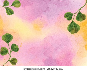 Colorful pink and yellow watercolor background with green leafy accents on corners, great for natural themes, templates, or scrapbooking projects