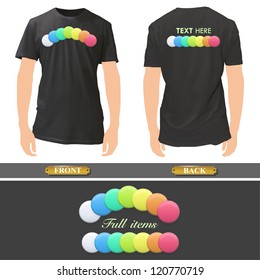 Colorful pins printed on black shirt. Vector design.