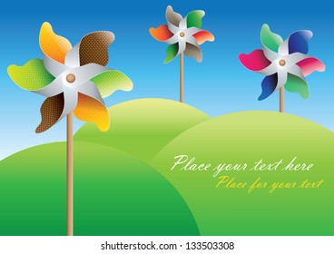 Colorful pinwheel against blue sky and hills vector bright background