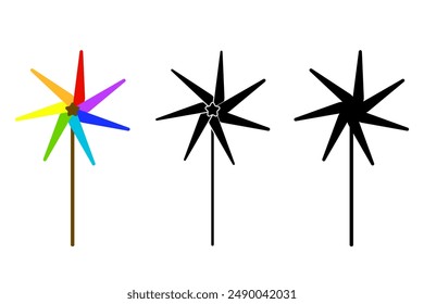 Colorful pinwheel icon. Black silhouette versions. Fun playful design. Rotating windmill.