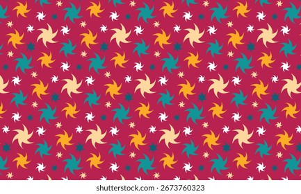 Colorful pinwheel pattern. Seamless abstract vector geometric ornament with rotating shapes in yellow, beige and teal on red background for textile, fabric, interior, ceramic, wallpaper, paper decor