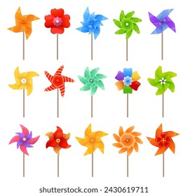 Colorful pinwheel summer toys. Cartoon paper windmills. Different shapes. Quantity vane. Kids origami. Rotated fans. Propellers rotation. Ventilator on stick. Vector