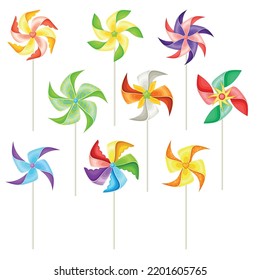 Colorful Pinwheel Toy with Paper Curl Attached to Stick Vector Set