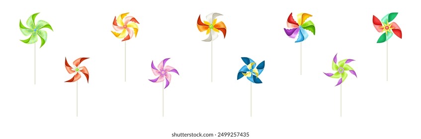 Colorful Pinwheel Toy with Paper Curl Attached to Stick Vector Set