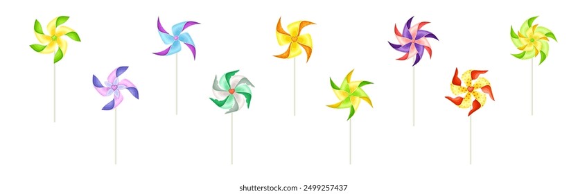 Colorful Pinwheel Toy with Paper Curl Attached to Stick Vector Set