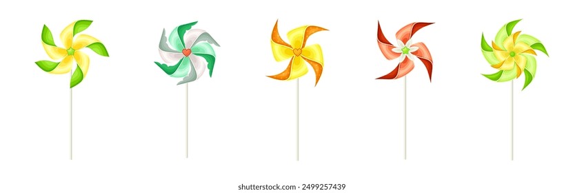 Colorful Pinwheel Toy with Paper Curl Attached to Stick Vector Set