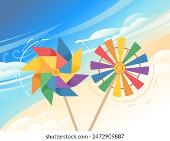 Colorful pinwheel toy and sky with clouds on background vector illustration