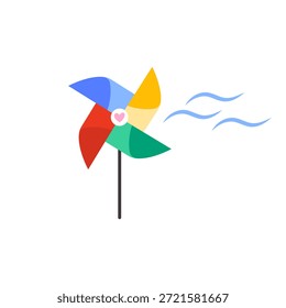 Molinete colorido con líneas de viento, Ilustración vectorial. Diseño minimalista lúdico que simboliza la brisa, la alegría y la infancia, perfecto para temas de primavera y verano.