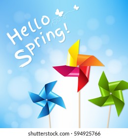 Colorful Pinwheels With Blue Sky Spring Poster With Gradient Mesh, Vector Illustration