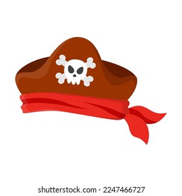 Colorful pirate hat with pirate skull sign vector illustration. Cartoon drawing of pirate head wear isolated on white background. History, pirates, accessories, Halloween concept