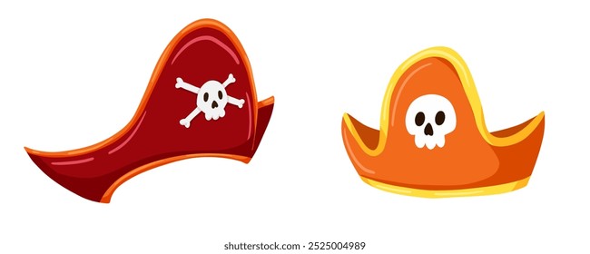 Colorful pirate hats with a scull and crossbones. Simple cartoon vector hand drawn illustration. Isolated pirate hat icon on white background