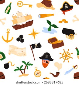 Colorful pirate seamless pattern featuring ships, treasure, anchors, maps, pirate hats, and nautical elements isolated on white background vector illustration