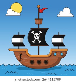 Colorful pirate ship illustration with flags showcasing a fun design for children's projects or nautical themes.