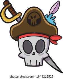 Colorful Pirate Skull with Hat red bandanna and golden Sword and feather clipart vector illustration on transparent background 