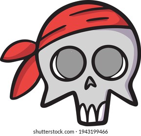 Colorful pirate skull with red bandanna and white teeth vector clipart illustration on transparent backgroudn