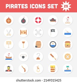 Colorful Pirates Flat Icon Set On Circle Background.