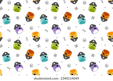 Farbige Piraten auf nahtlosem Muster. Squishmallow. Süß Piraten. Kawaii, Vektor. Einzige Vektorgrafik eps10