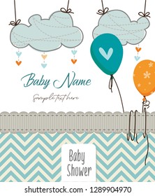 Colorful pistachio  and orange balloons and lovely skies baby shower invitation / Cute Baby arrival greeting card 