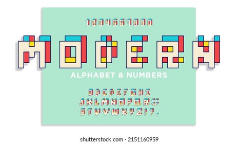 Colorful pixel alphabet, stained glass font, mosaic. Retro pixel font. Letters and numbers in the style of 80s, 90s. Flat digital pixel style. Vector illustration.