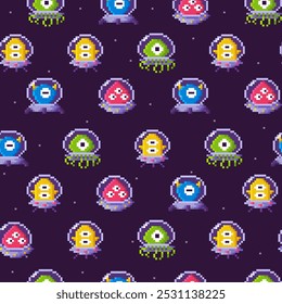 Colorido pixel art aliens en un patrón sin fisuras contra un fondo oscuro. Criaturas en trajes espaciales y diferentes colores. Video Ideal para fanáticos de la ciencia ficción, diseño de juegos, decoración para niños, temas espaciales y