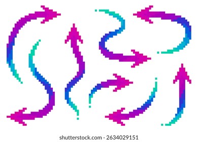 Colorido pixel art flecha en diferentes direcciones conjunto de colecciones. Ilustración vectorial sobre fondo aislado.