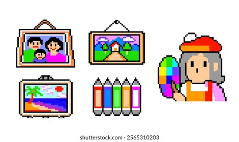 Colorful Pixel Art Artist with Family and Beach Paintings- digital illustration, pixel art, colorful palette, pixel art, retro style, bright colors, creative digital art, multicolor illustrations