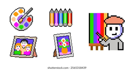 Colorful Pixel Art Artist Painting Family Scenes - digital illustration, pixel art, colorful palette, retro style, creative digital art, colorful illustrations, bright colors, pixel art