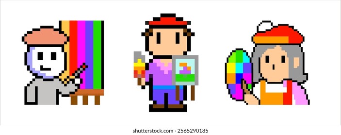 Colorful pixel art artists with rainbow paintings - pixel characters of little people