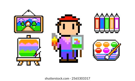 Colorful Pixel Art Artists with Vibrant Paintings - digital illustration, pixelated art, colorful palette, pixel art, retro style, bright colors, creative digital art, multicolored illustrations