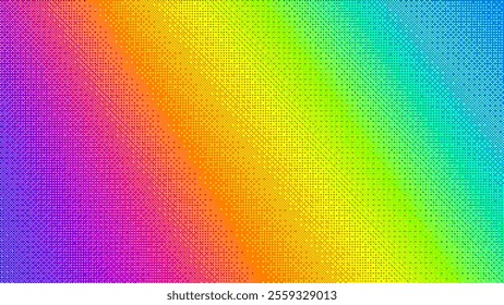 Colorful pixel art with bright rainbow gradient and dithering effect. Beautiful vibrant abstract pixelated dotted pattern for modern creative design projects and visuals. Vector illustration in 8-bit