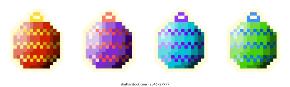 Colorful pixel art Christmas baubles vector set isolated on transparent background. Retro style new year toys, pixelated winter decorations. 8 bit retro style Xmas icons collection
