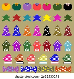 Colorful Pixel Art Christmas Elements Collection Icons Holiday Clipart Set Gift Wrap
