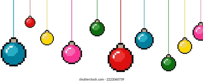 Colorful pixel art Christmas hanging baubles collection. 8 bit retro style Xmas icons. Pixelated winter decorations. New Year print. Hand drawn seamless pattern. White background. Vector illustration.