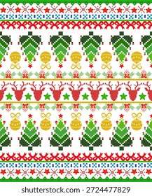 A colorful pixel art Christmas pattern featuring rows of green Christmas trees, red reindeer, golden ornaments, stars, bows, pinecones, and festive borders in red, green, blue, and yellow on a white background. The design feels traditional, cheerful, and holiday-themed, suitable for textiles, wrapping paper, and seasonal decorations.