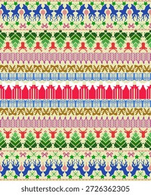 Colorful pixel art Christmas pattern featuring reindeer, gifts, bows, trees and ornaments in repeating rows, inspired by festive knitted holiday sweaters and cheerful seasonal style.
Christmas pixel pattern seamless reindeer gift bow tree ornament holiday winter festive textile knit decoration background celebration wrapping traditional colorful Nordic cute design vintage fairisle