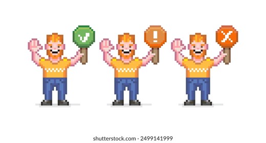 Colorful pixel art flat simple vector illustration of three guys with different levels of access. Road sign. Green access check, orange exclamation mark, red cancel cross. 8bit retro video game style.