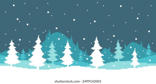 Colorful pixel art flat simple vector illustration of cartoon winter vibe landscape of fir trees, snowfall, hills and mountains. 8bit retro video game style. Seamless horizontal background.