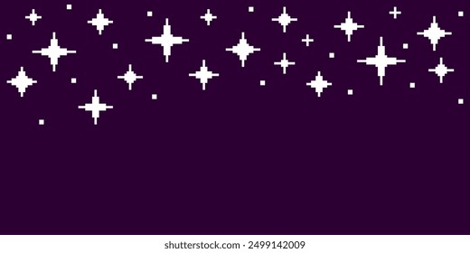 Colorful pixel art flat simple vector illustration of sparkling stars seamless border. 8bit retro video game style. Starry line. Horizontal top frame